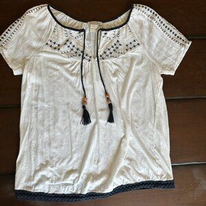 Lucky Brand Cotton Short Sleeve White Top w/Blue Embroidery & Tassels w/Beads